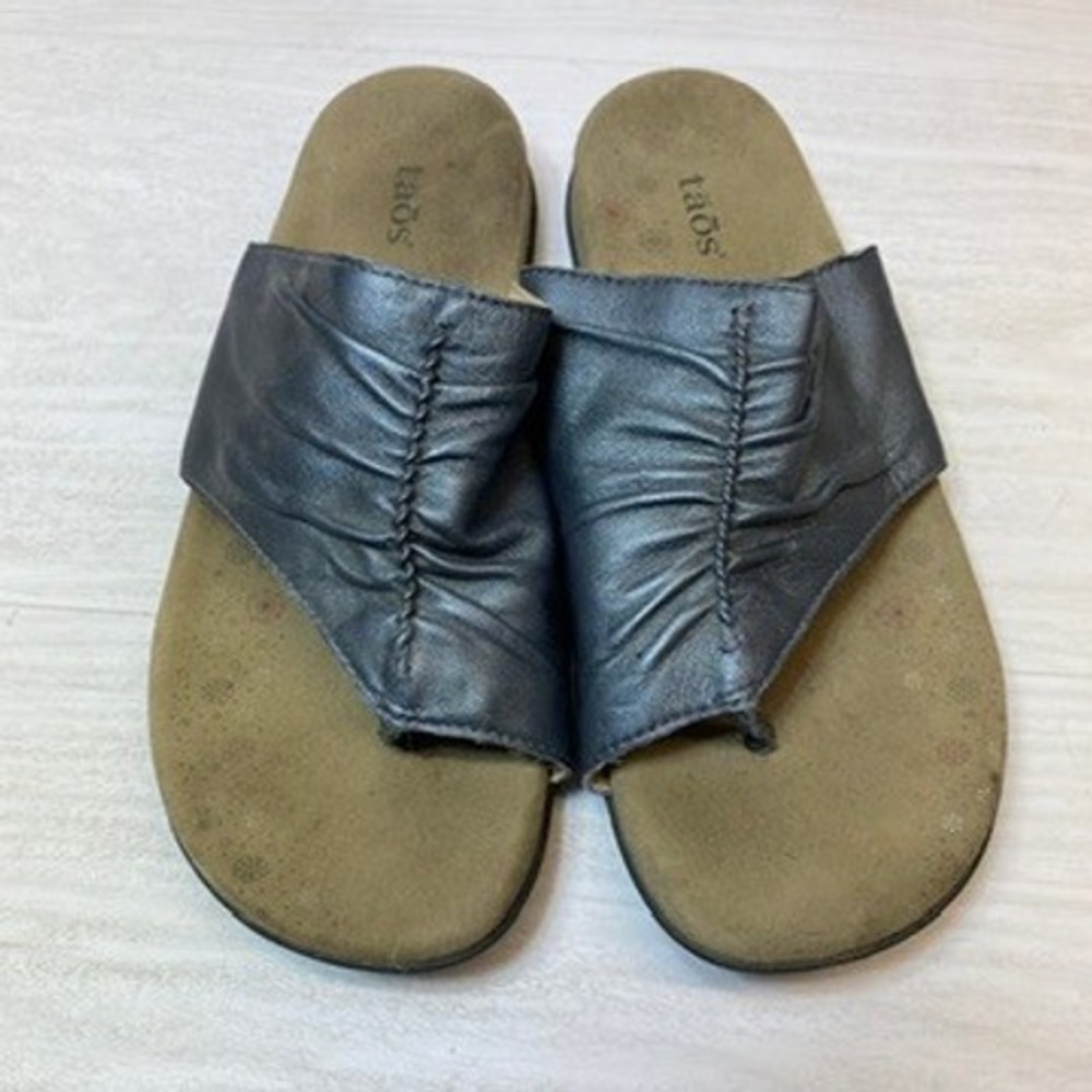 Taos Womens 8 Gift 2 Slide Sandals Ruched Navy Blue Metallic Leather Comfort